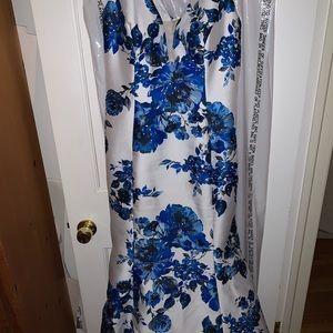 Blue and white floral prom dress